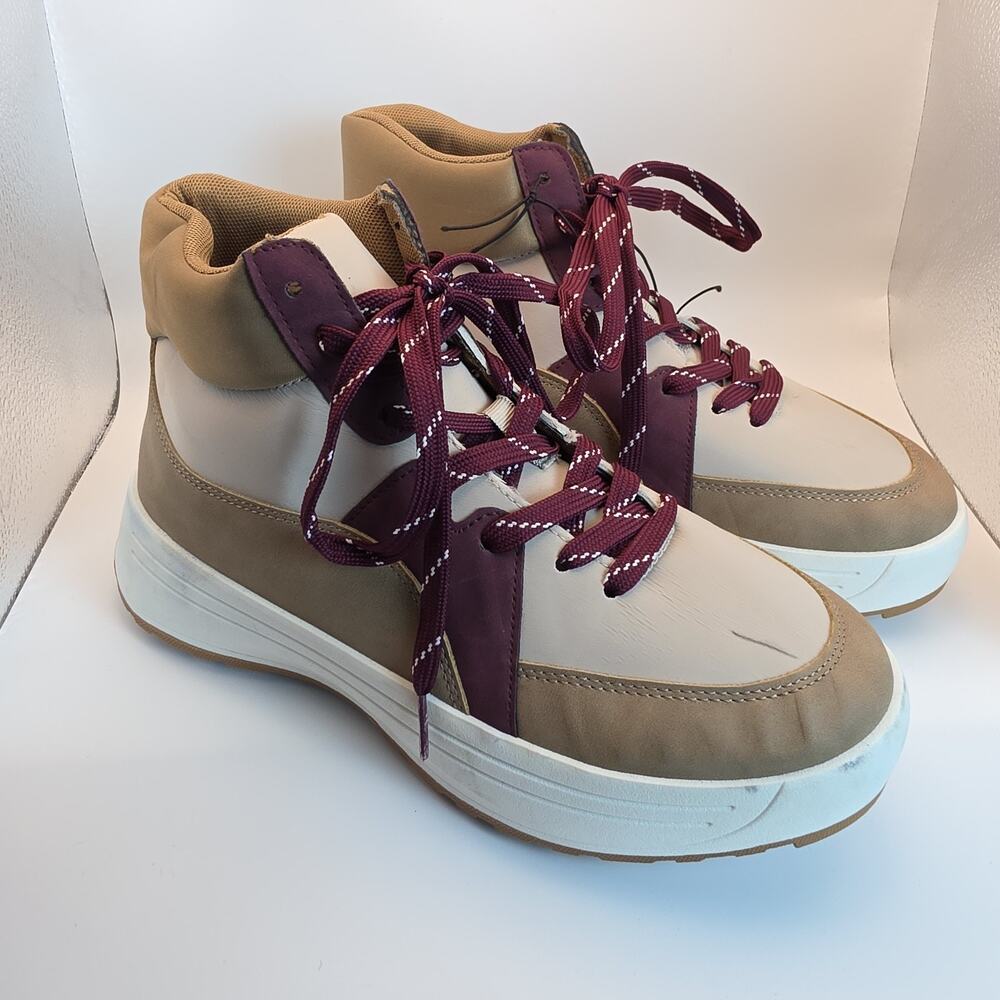 Maurices Women's 9.5 M High Top Sneakers Tan Burgundy Lace Up Casual Shoes